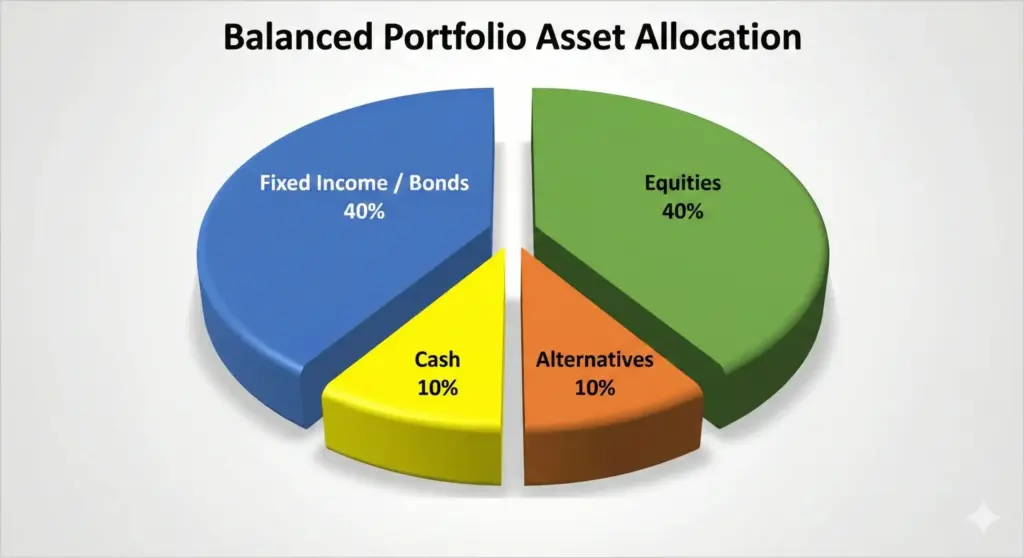 3D pie chart showing a balanced portfolio asset allocation with 40% equities, 40% fixed income/bonds, 10% cash, and 10% alternatives
