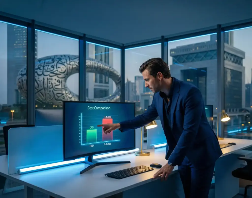 A business analyst pointing at a cost comparison chart of CFDs and Futures on a computer screen in a modern Dubai office with city skyline views.