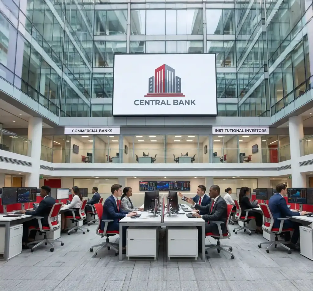 Diagram showing the three main types of Forex market participants: Central Bank, Commercial Banks, and Institutional Investors.