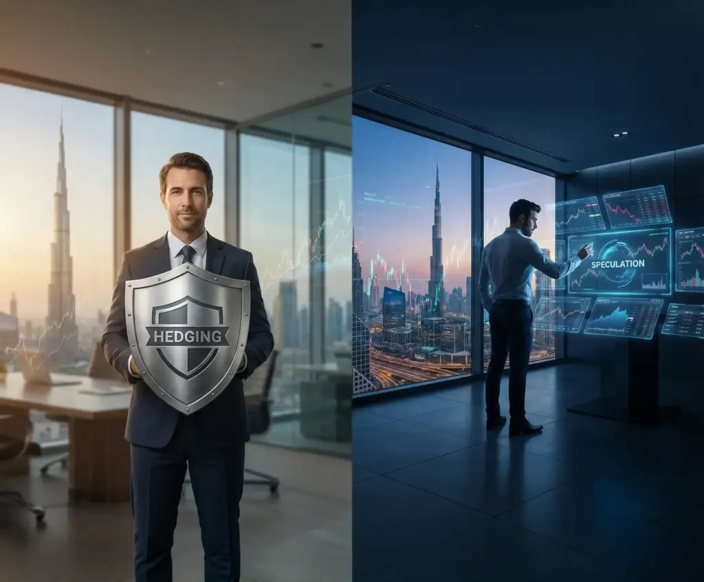 A conceptual image comparing the financial strategies of Hedging, shown with a shield icon, and Speculation, shown with a rising chart graph.