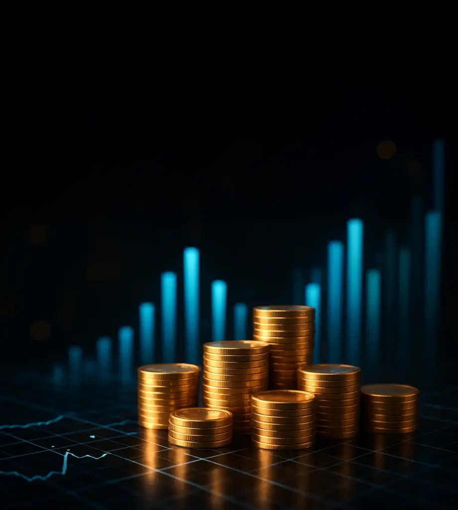 Financial growth and wealth management concept featuring gold coin stacks and an ascending market data graph.