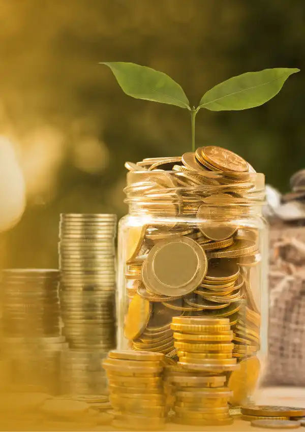 A glass jar filled with gold coins and a green sprout growing from it, symbolizing financial growth and investment returns from bonds and debentures.