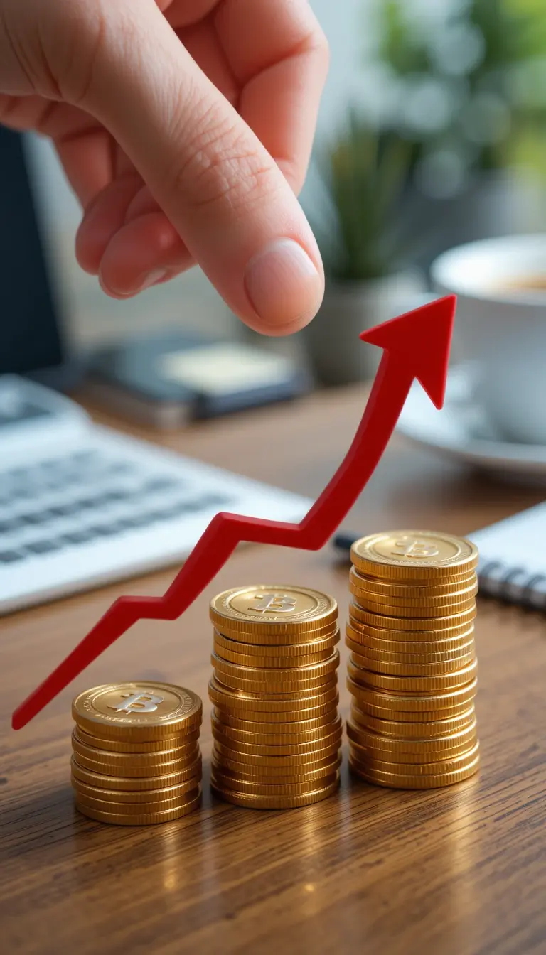 Hand placing a bright red upward-curving arrow over three stacks of golden coins resembling Bitcoin, symbolizing financial growth and market gains.