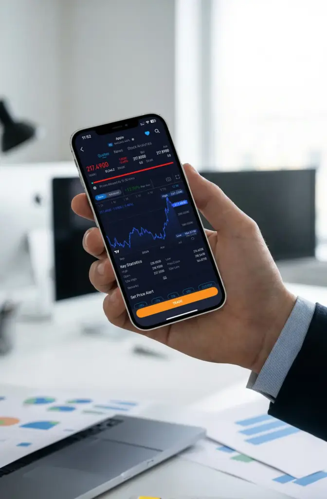 Hand holding a smartphone displaying a mobile stock trading app with a live line chart, real-time quotes, and a 'TRADE' button, representing modern online investing