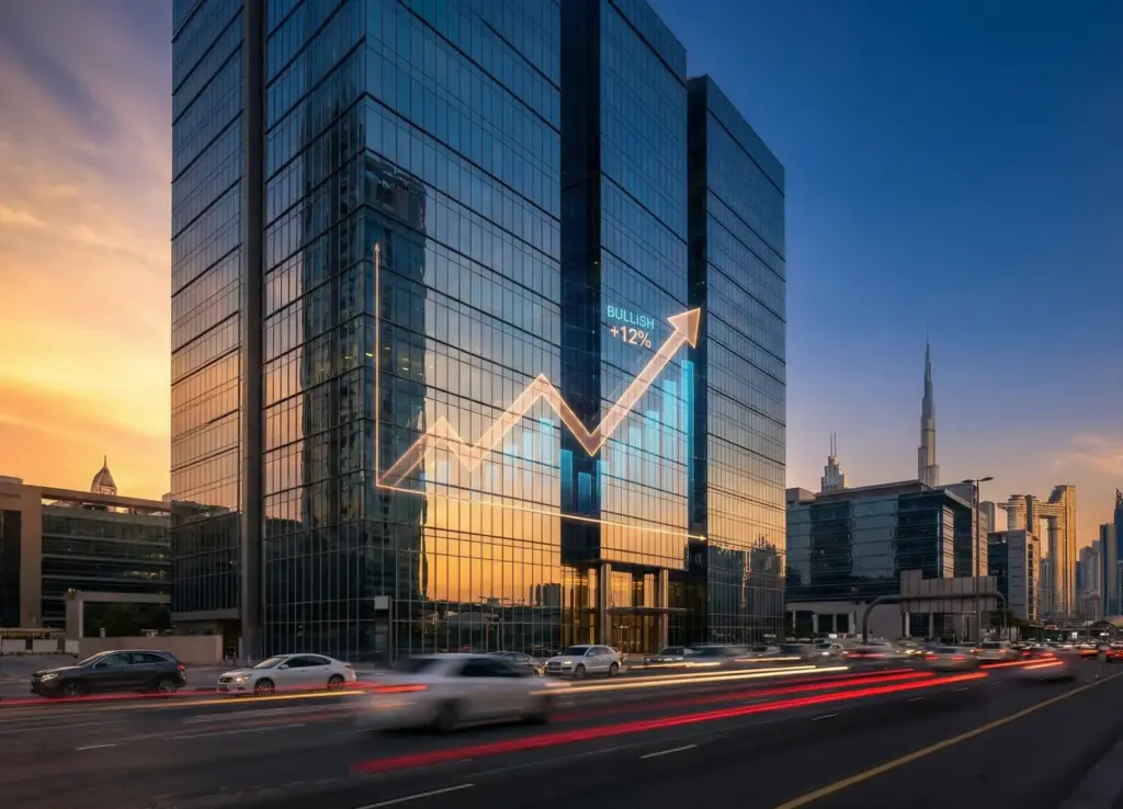 Modern glass skyscraper at sunset featuring a glowing digital stock market chart overlay showing a rising arrow and 'BULLISH +12%' text, set against a city skyline with the Burj Khalifa