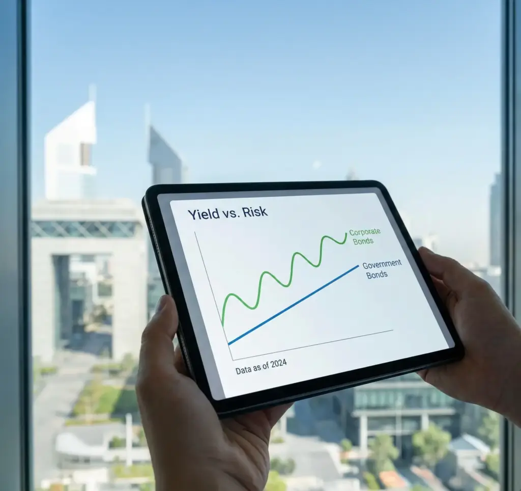 Chart comparing risk and return of government vs corporate bonds for UAE investors.