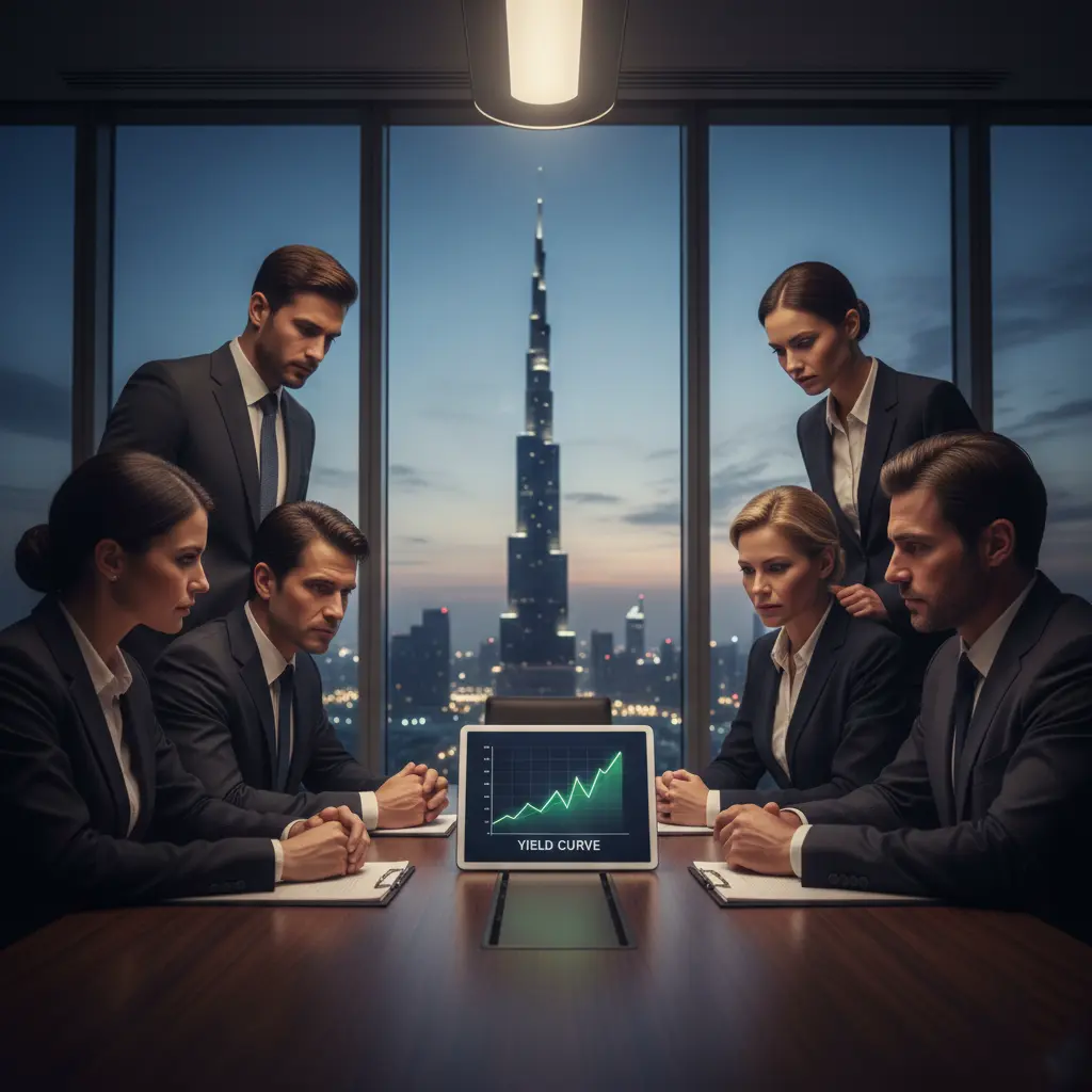 Diverse business professionals analyzing a rising yield curve graph on a digital tablet during a high-level meeting in a modern Dubai office with the Burj Khalifa visible through the window.