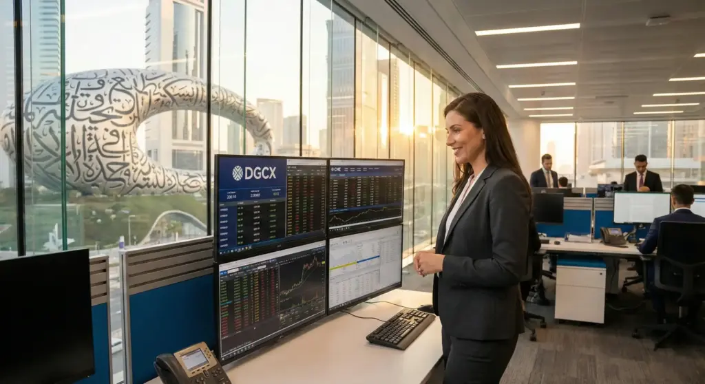 Professional trader analyzing derivatives markets at the PhillipCapital DIFC office.