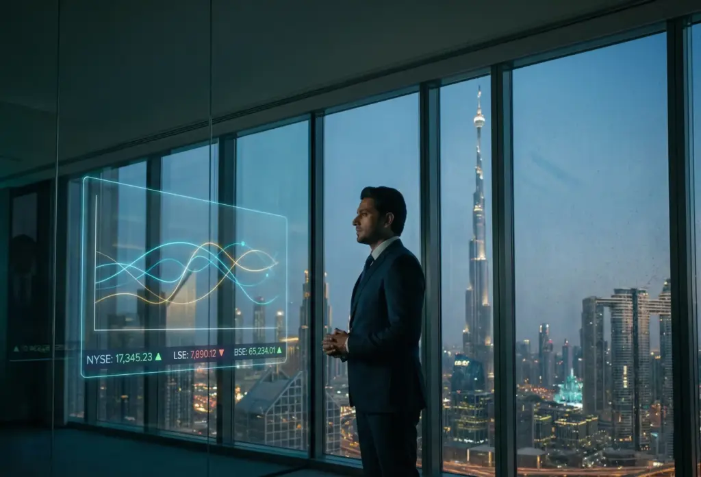 Financial executive analyzing global equities and shares on a digital stock market interface in a modern office