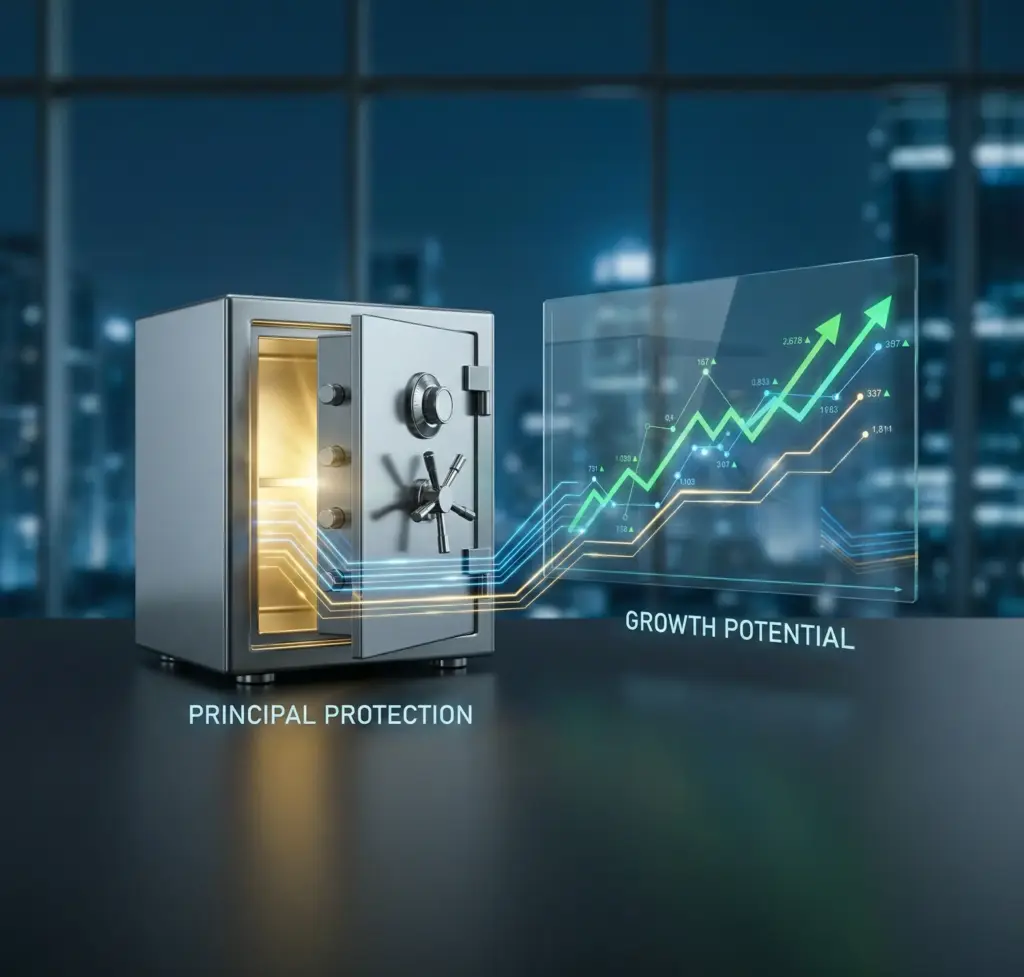 A conceptual diagram illustrating the dual financial pillars of Growth Potential and Principal Protection, showing a balanced investment strategy.