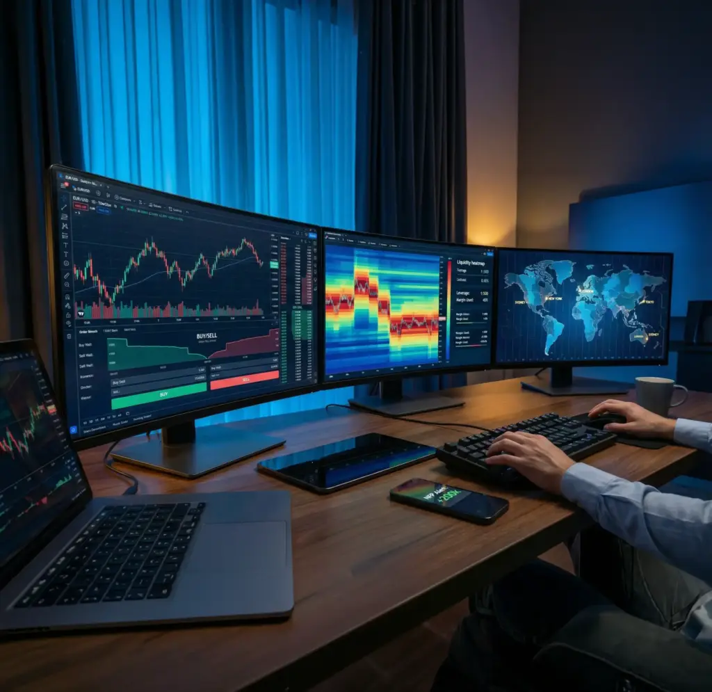 A photorealistic view of a professional forex trader's workstation in a dimly lit room, featuring ultra-wide monitors displaying real-time EUR/USD charts, liquidity heatmaps, and an economic calendar. A trader's hand rests on a keyboard ready to execute a trade, with a digital world map in the background indicating active global market sessions.