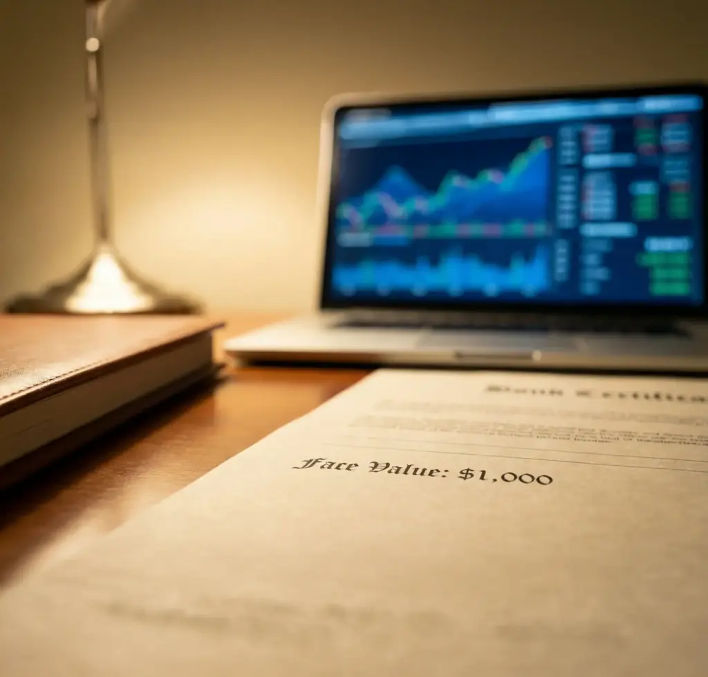 Close-up of a printed bond certificate on a mahogany desk focusing on the text "Face Value: $1,000," with a blurred laptop screen displaying financial trading charts in the background.