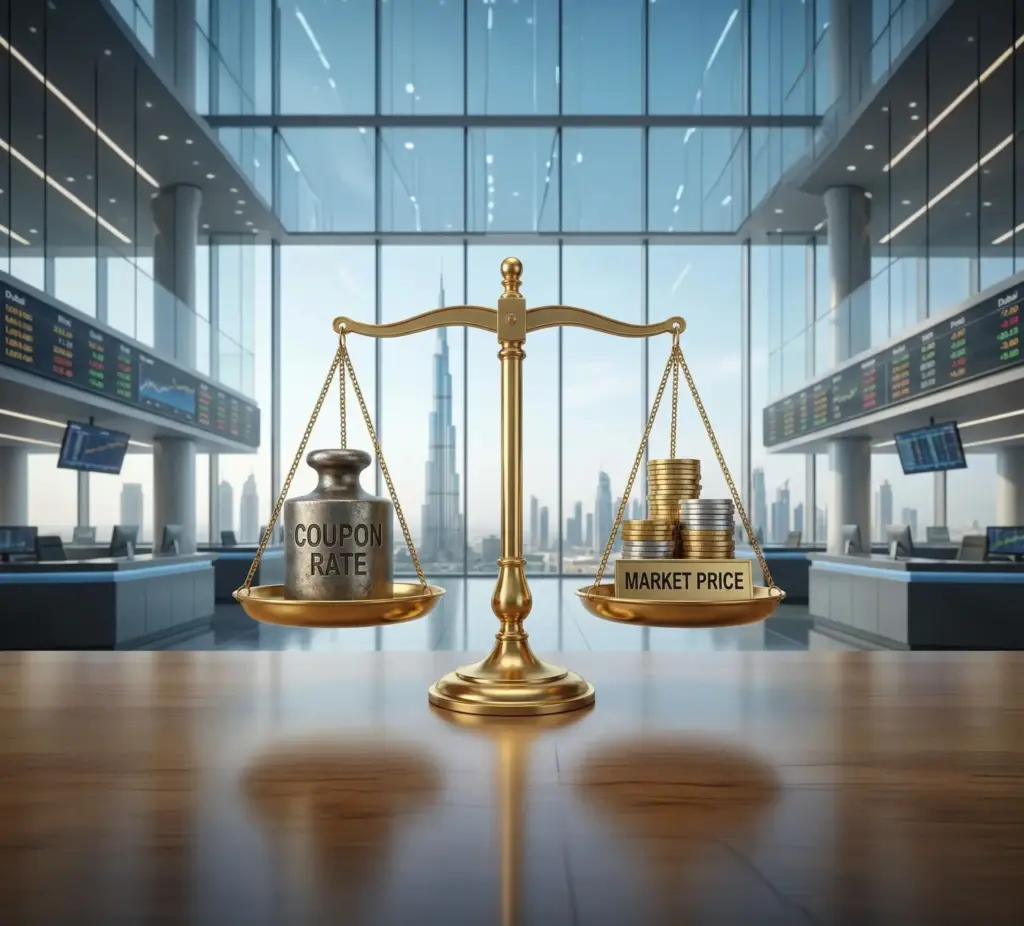 A golden balance scale on a desk inside a modern Dubai trading floor. The left pan holds a weight labeled "COUPON RATE," which is perfectly balanced with a stack of coins and a plaque labeled "MARKET PRICE" on the right pan. The Burj Khalifa and city skyline are visible through the background windows.