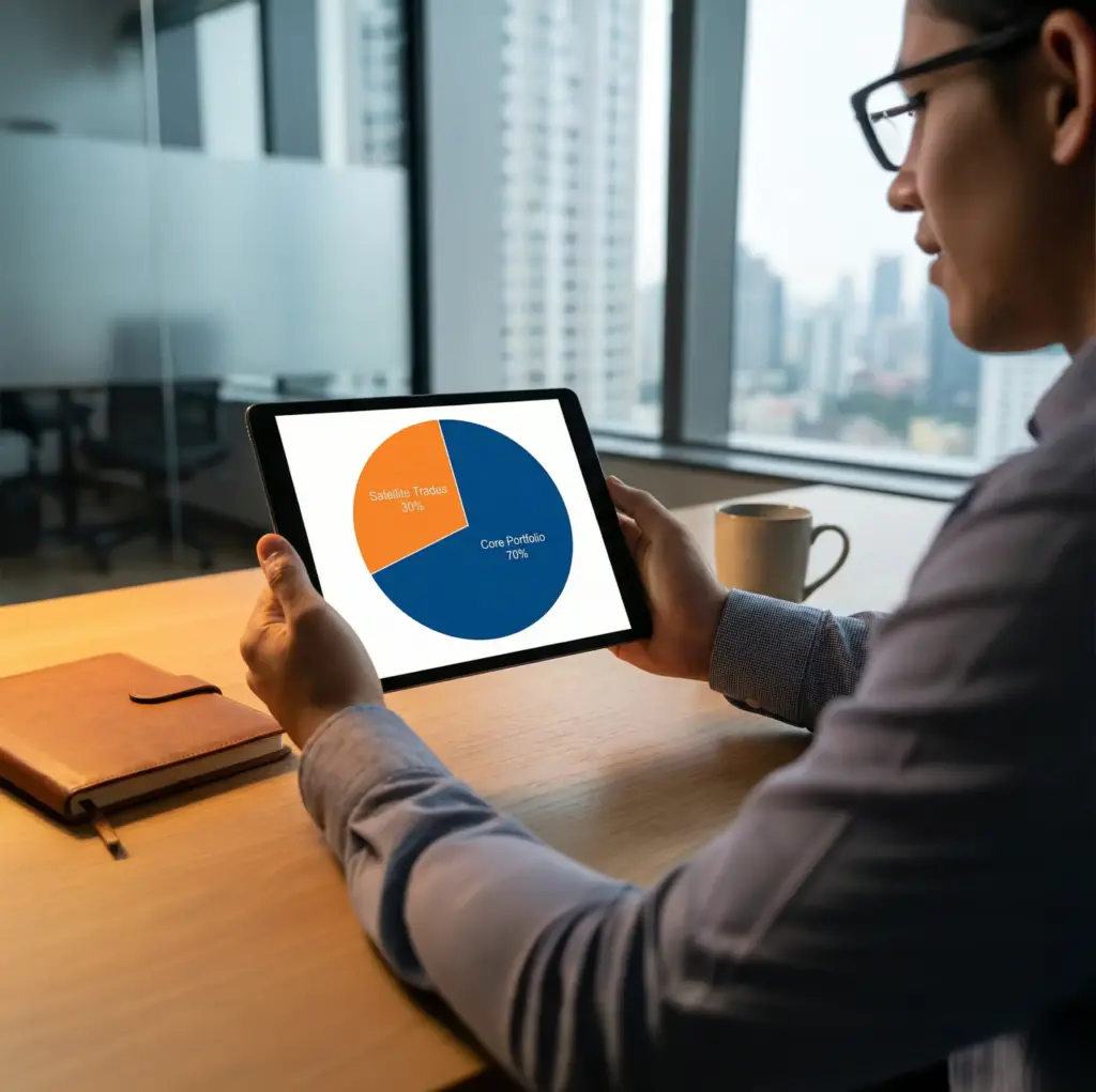 A business professional analyzing a pie chart on a tablet showing core portfolio and satellite trades allocation.
