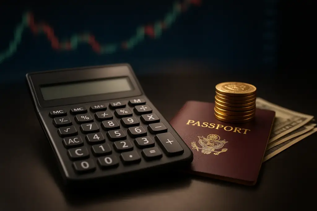 Close-up of a calculator, passport, gold coins, and currency on a desk symbolizing global finance, investment, and tax planning.
