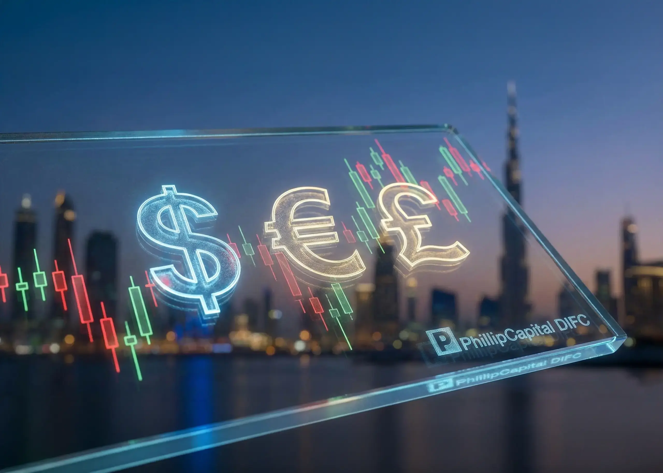 Macro shot of a futuristic, glowing glass interface displaying the Dollar ($), Euro (€), and Pound Sterling (£) currency symbols overlaid on vibrant red and green stock chart candles. The background is a blurred, dramatic dusk view of the Dubai skyline, including the Burj Khalifa, with the PhillipCapital DIFC logo visible.