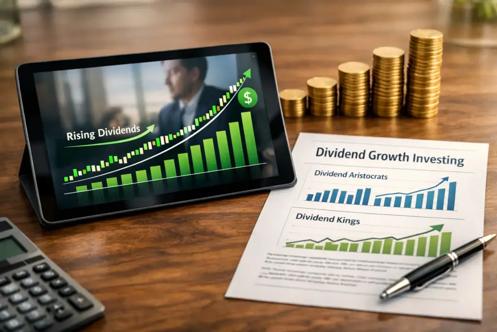 Dividend growth investing workspace with rising stock chart on tablet, dividend aristocrats and dividend kings report, and gold coin stacks representing long-term passive income growth