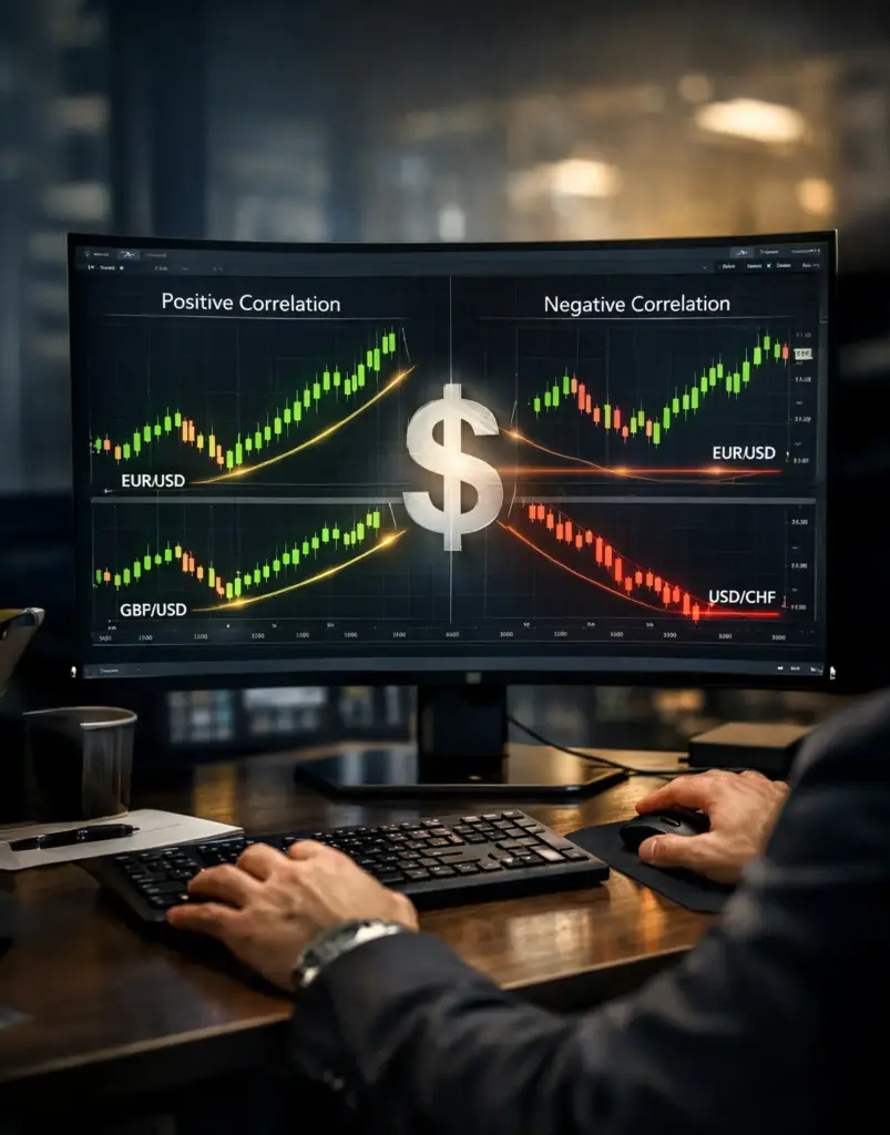 Professional trader analyzing positive and negative currency correlations on a trading screen with EUR/USD, GBP/USD, and USD/CHF charts.