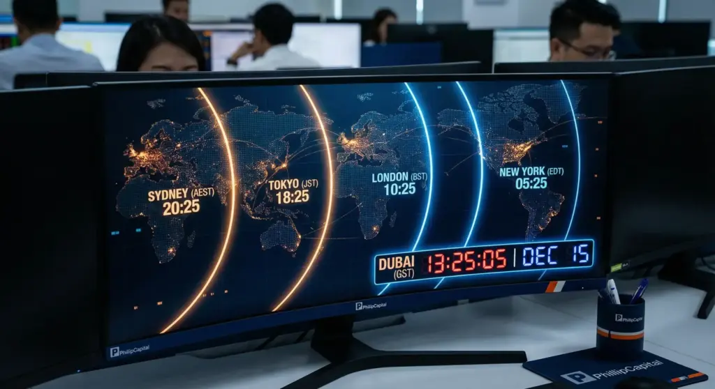 High-tech trading monitor displaying forex market structure with a world map highlighting Sydney, Tokyo, London, and New York trading sessions
