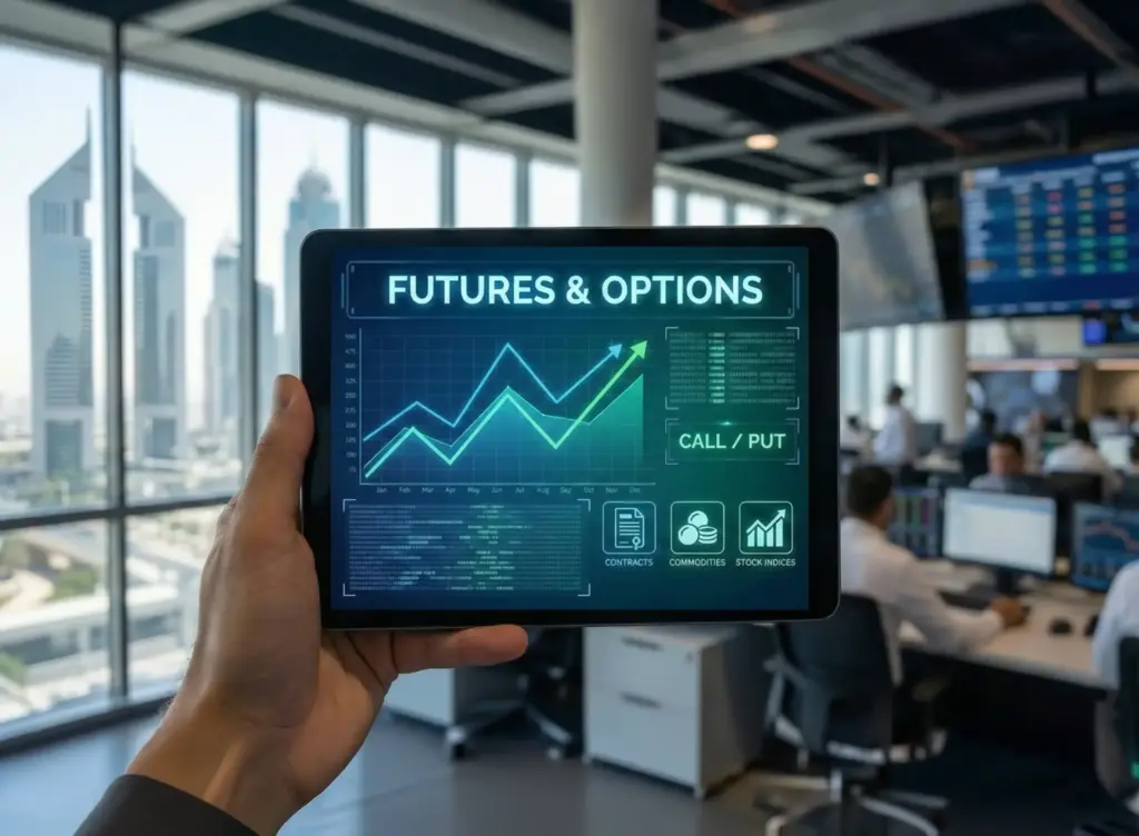Futures vs Options comparison chart on a trading tablet with a Dubai skyline background.