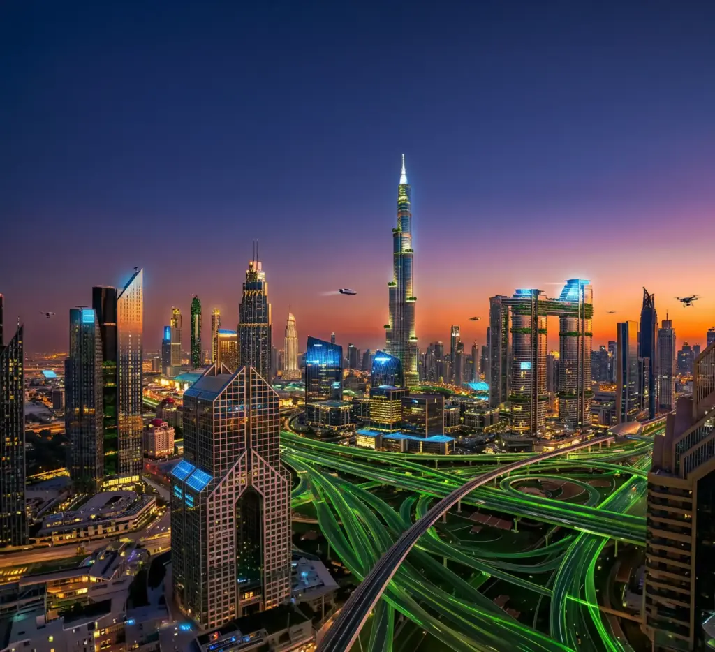 Futuristic Dubai skyline representing growth in sustainable tech sectors.