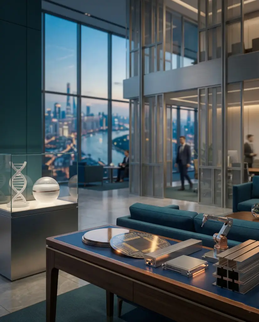 A wide-angle view of a modern, high-rise luxury office at dusk, featuring a wooden desk with silicon wafers and a robotic arm, a DNA helix display, and floor-to-ceiling windows overlooking a glowing city riverfront.
