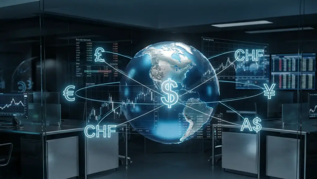 A futuristic holographic globe surrounded by glowing currency symbols and financial data charts in a modern trading office.