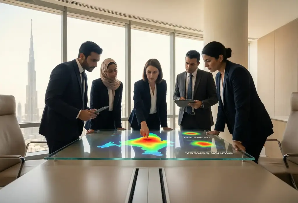 Business professionals analyzing global equities and market heatmaps for Sensex and S&P 500 in a modern Dubai conference room