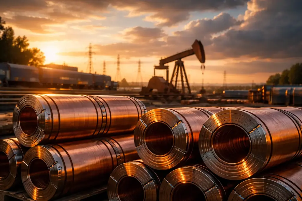Industrial copper coils stacked at a modern energy site during golden hour, with an oil pump jack operating in the background under a dramatic sunset sky.