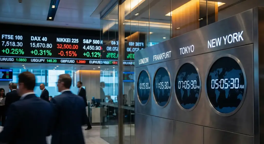 Modern trading floor wall featuring illuminated digital world clocks for London, Frankfurt, Tokyo, and New York, with blurred LED stock market screens in the background.
