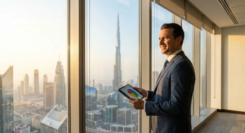 A PhillipCapital financial advisor analyzing the difference between OTC and exchange-traded derivatives on a tablet against the Dubai skyline.