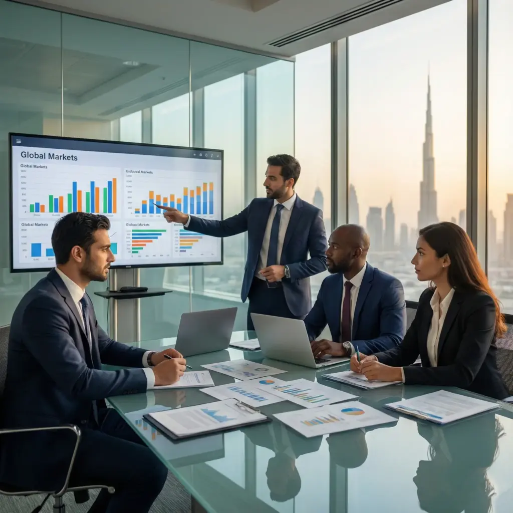 Diverse team of Phillip Capital financial analysts collaborating in a modern glass-walled conference room in Dubai, with global market charts displayed in the background.