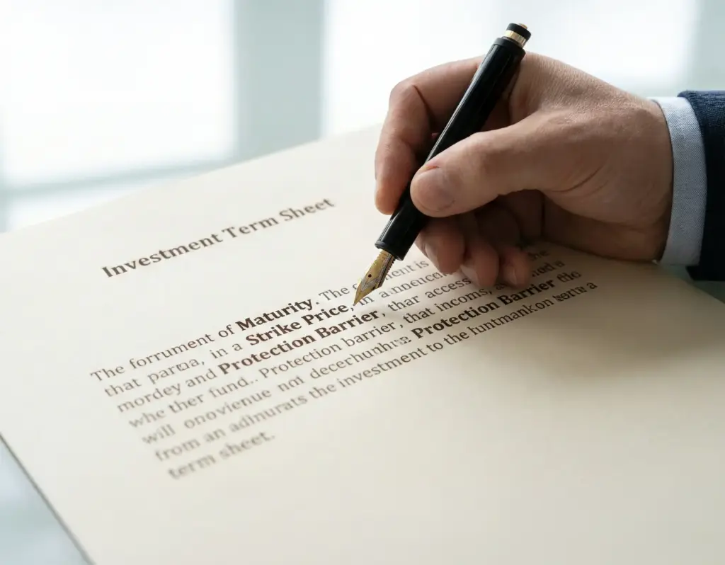 Close-up of a financial advisor's hand holding a fountain pen and pointing to an 'Investment Term Sheet' document. The words 'Maturity', 'Strike Price', and 'Protection Barrier' are clearly visible and highlighted on the paper.