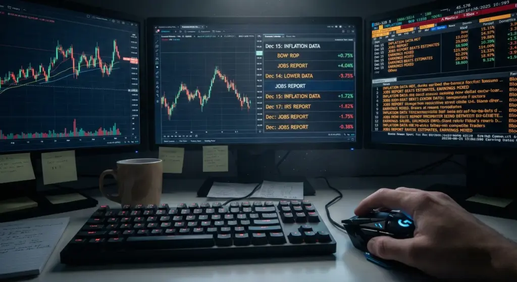 Close-up of a professional trader's hand on a mouse in front of multiple monitors displaying real-time candlestick charts, economic calendars, and news headlines about inflation and earnings.