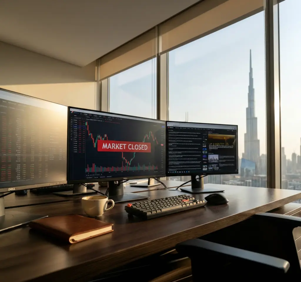 Professional forex trader desk in Dubai analyzing market hours.