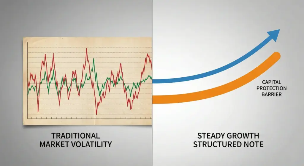 A split-screen infographic contrasting a volatile, jagged "Traditional Market Volatility" stock chart on the left with a smooth, upward-sloping "Steady Growth Structured Note" curve and a protective barrier on the right.