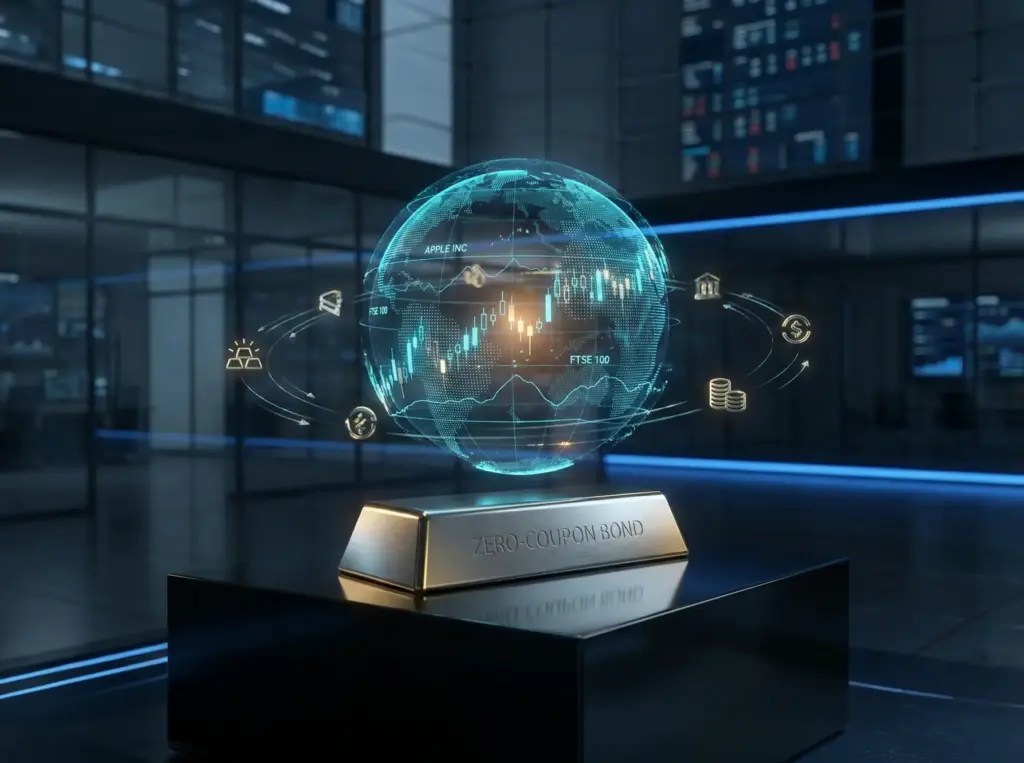 Digital illustration of a Structured Note concept, showing a glowing globe with stock market data (Apple Inc., FTSE 100) and floating currency symbols over a silver zero-coupon bond bar on a reflective desk