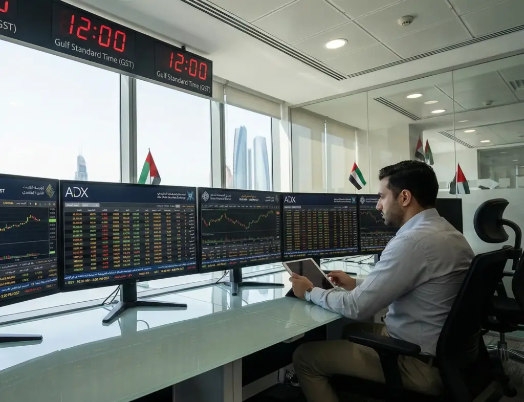A professional trader in a Dubai office with a view of the Burj Khalifa, monitoring multiple screens displaying real-time financial data and charts for the Dubai Financial Market (DFM) and Abu Dhabi Securities Exchange (ADX) during active trading hours.