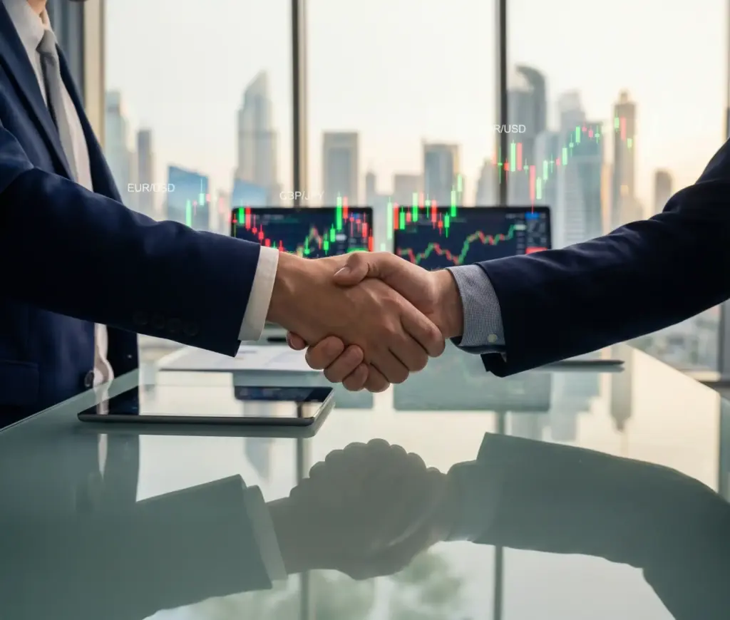 A bilateral agreement representing an Over-the-Counter (OTC) derivative transaction, featuring a handshake between two parties with forex market data in the background