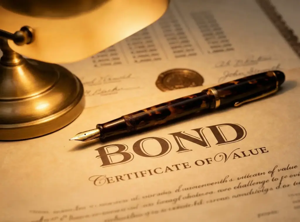 A close-up macro photograph of a luxury tortoiseshell fountain pen resting on a financial document with the word "BOND" prominently displayed in elegant serif text, illuminated by warm, golden desk lighting.