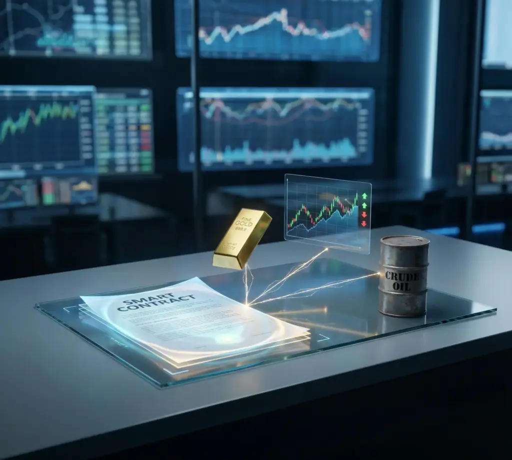 Photorealistic 3D illustration of a glowing digital contract lying on a sleek table, connected by thin beams of light to a gold bar, a barrel of crude oil, and a holographic stock market chart, set against a backdrop of blurred financial monitoring screens.