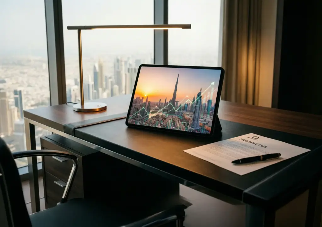Financial prospectus document and tablet showing Dubai market trends
