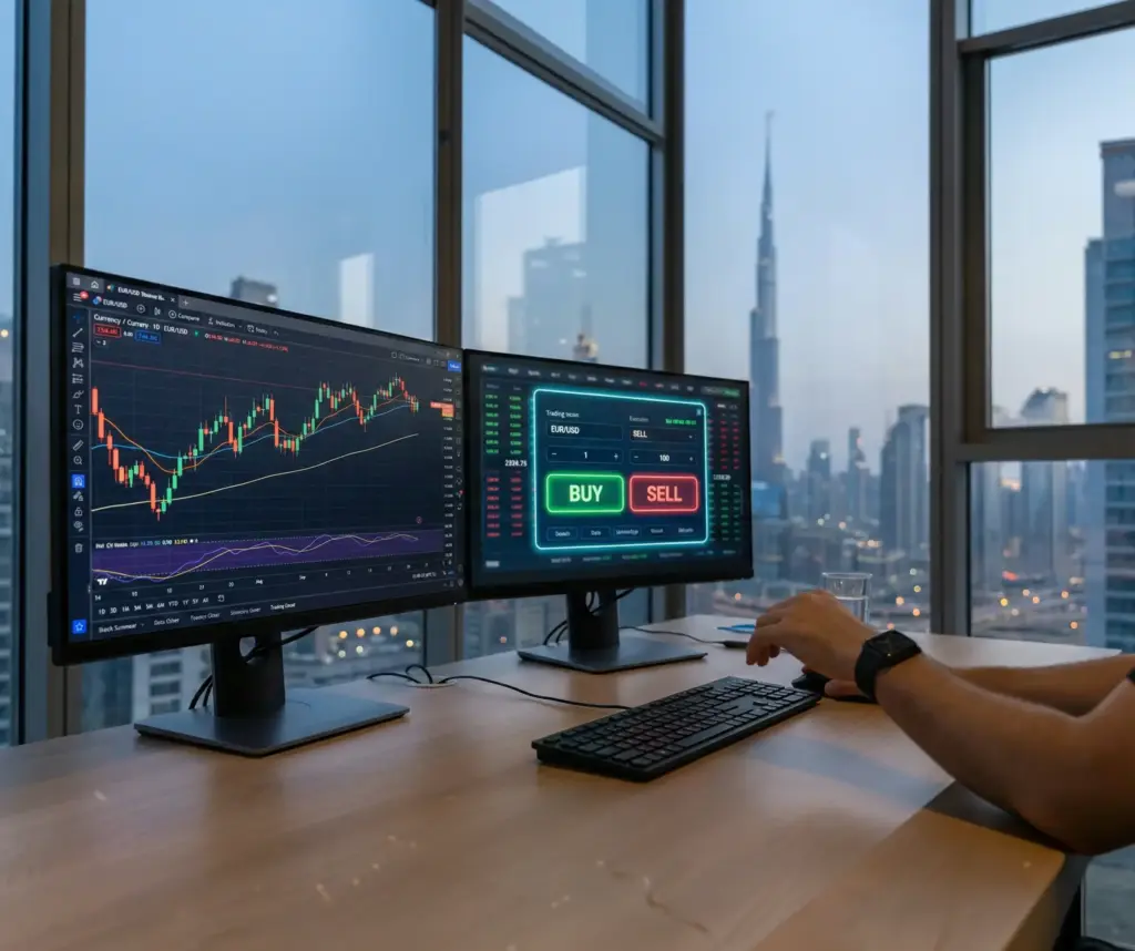 A close-up, photorealistic view of a dual-monitor trading station in a Dubai office, displaying a EUR/USD candlestick chart on one screen and a sharp focus on "Buy" and "Sell" buttons on the execution terminal, set against a blurred city skyline.