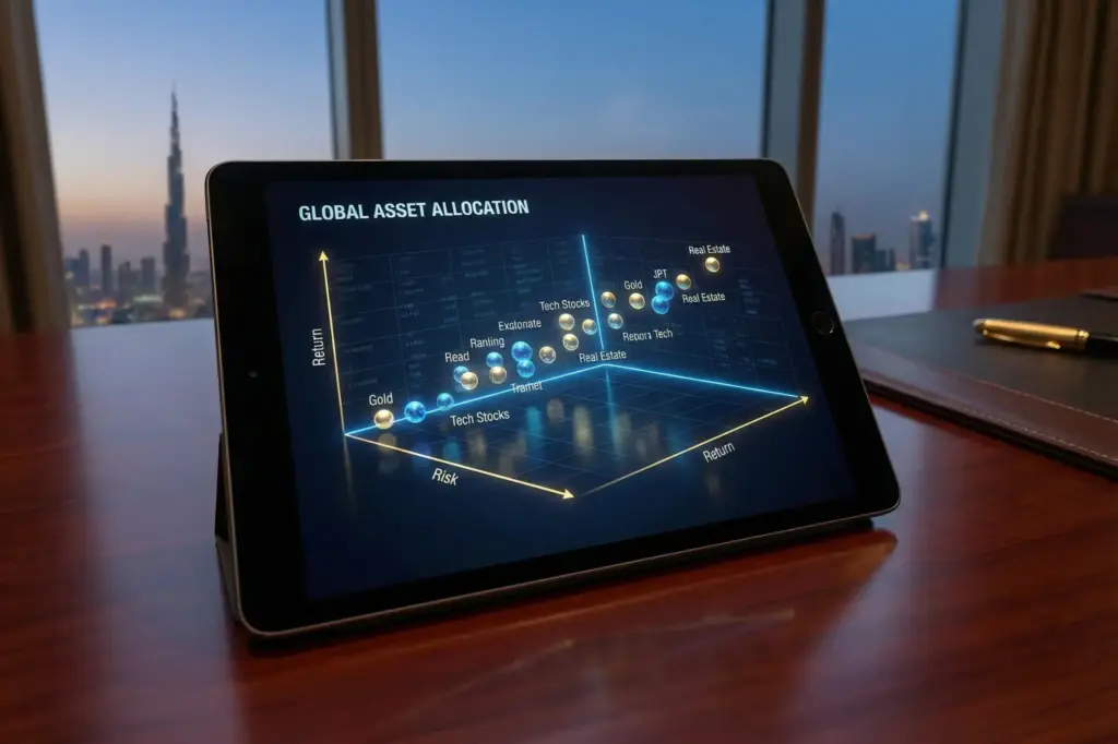 A close-up photograph of a tablet screen displaying a glowing blue and gold 3D financial scatter plot graph titled "GLOBAL ASSET ALLOCATION," showing various assets plotted against 'Risk' and 'Return' axes. The tablet rests on a mahogany desk with a blurred view of the Dubai skyline, including the Burj Khalifa, in the background