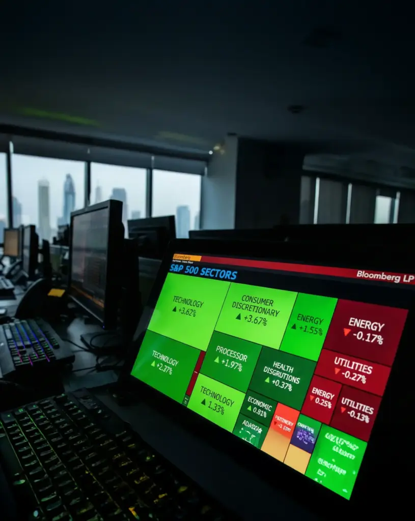 Close-up view of a Bloomberg terminal screen displaying a vibrant green and red heat map of S&P 500 sectors in a dim trading room.
