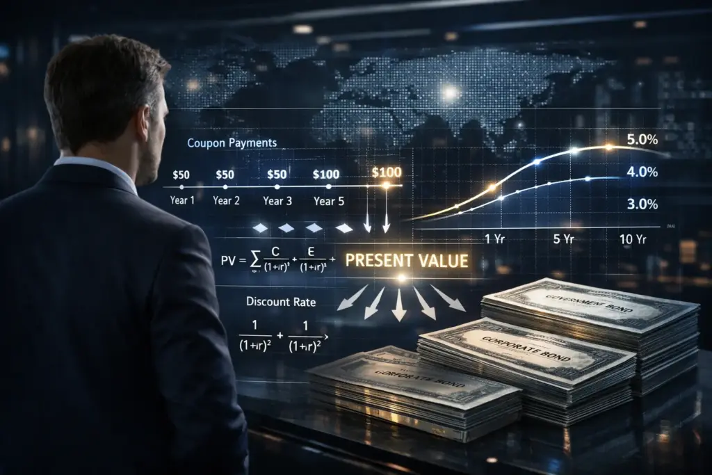 Ultra-realistic cinematic visualization of bond valuation showing present value formulas, yield curve, coupon payments, and global bond markets in a modern trading environment.