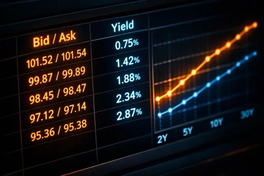 Photorealistic financial terminal screen showing bond yield curve with bid and ask prices and yield percentages in blue and amber tones.