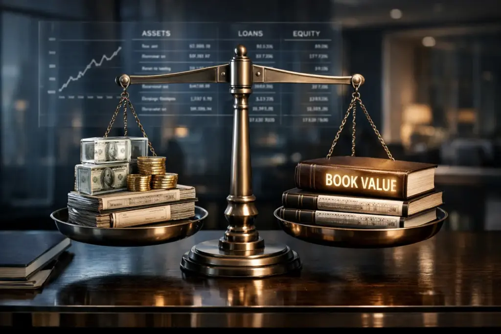 Ultra-realistic balance scale comparing financial assets and book value inside a modern institutional banking environment
