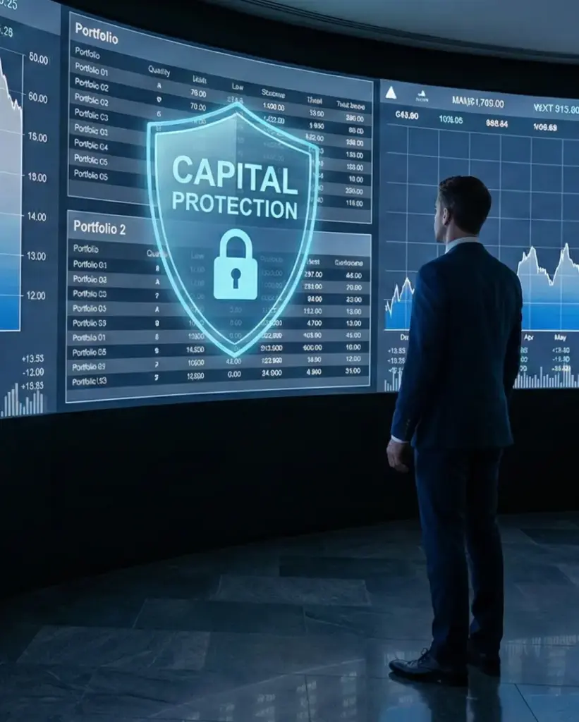A professional investor in a dark suit stands before a large, curved digital screen displaying stock market charts and a glowing blue shield icon with the text "CAPITAL PROTECTION" and a padlock symbol.