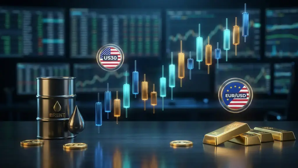 A 3D digital display of financial assets featuring a Brent oil barrel, gold bars, and floating trading icons for US30 and EUR/USD against a backdrop of glowing candlestick charts and multi-screen trading monitors.